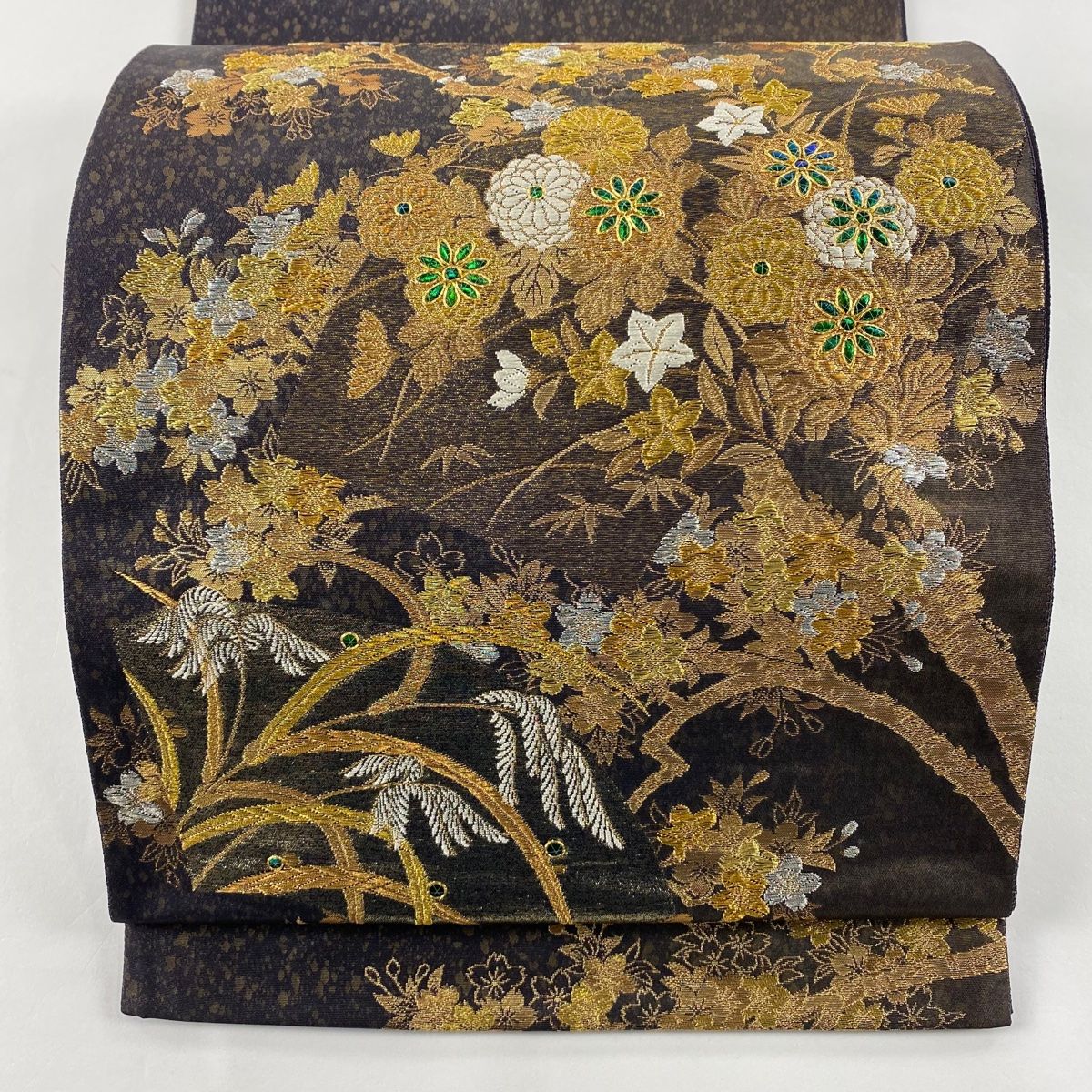 袋帯 じゅらく 落款 玉蟲貴人 桜華宝扇文 草花 金銀糸 唐織 濃紫 お太鼓柄 正絹