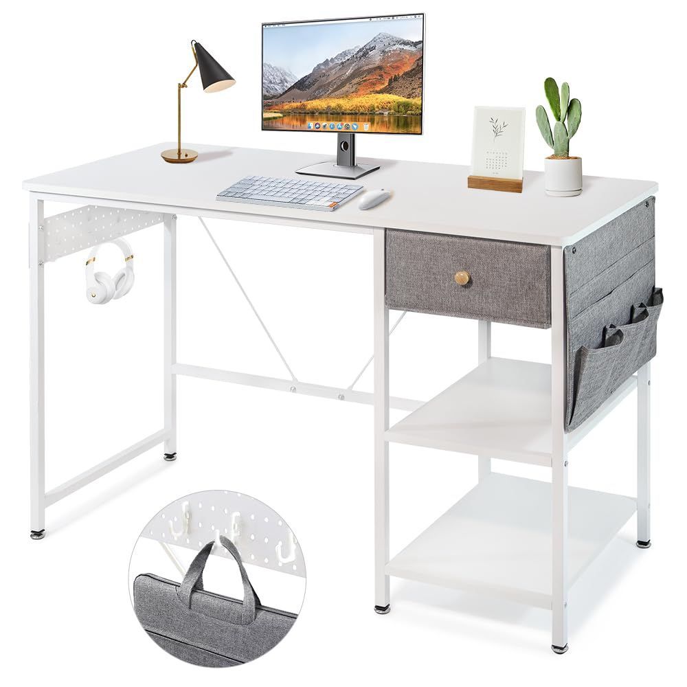 【新着商品】masow パソコンデスク 幅110cm×奥行50cm オフィスデスク デスク pcデスク 勉強机 BIG 机 desk収納袋付き ラック付きデスク ゲーミングデスク 子 一人暮らし シンプル おしゃれ 組立簡