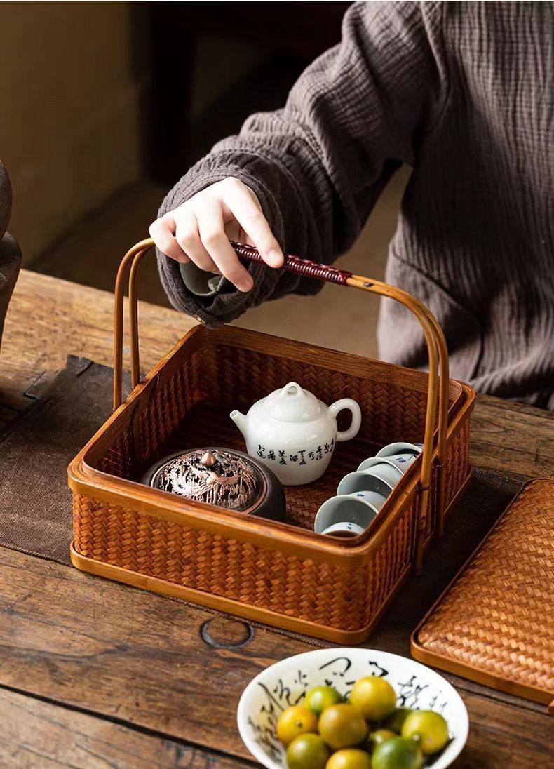 煎茶道具 竹編煎茶籠 収納 . 煎茶道具・銅目貫・竹編煎茶籠 ・籐編