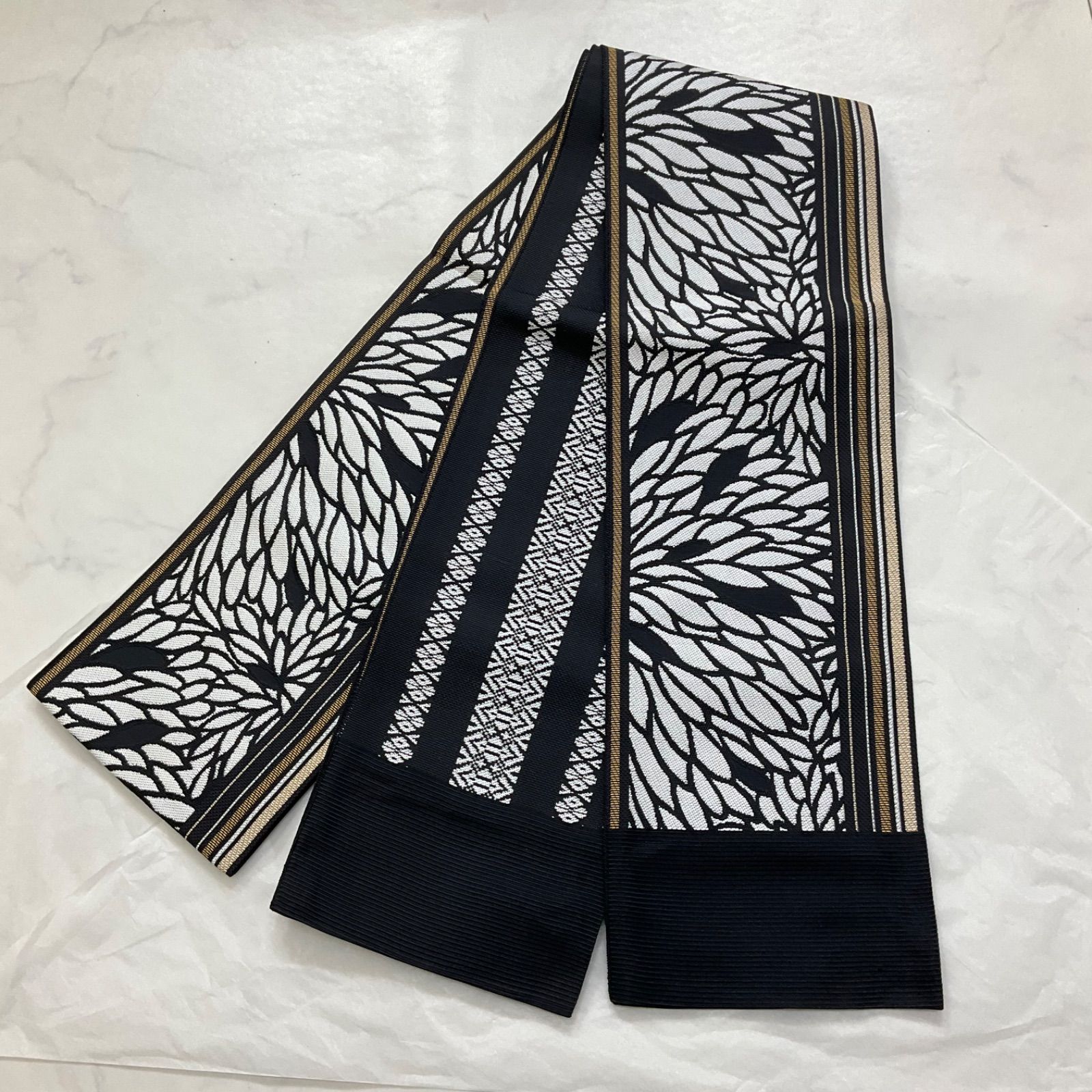 半幅帯】両表帯 リバーシブル 長尺 小袋帯 （笹七宝市松×馬）（グレー  