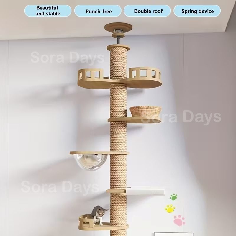 キャットタワー 猫タワー 大型猫用 突っ張り式 天然木 ナチュラル シンプル おしゃれ インテリア 北欧 多頭飼い 展望台 宇宙船 爪とぎ 運動不足解消 安定 調節 スリム 高さ240～280cm WWW_GEBZETESISAT_COM_TR