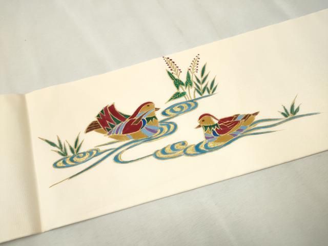 平和屋着物○京刺繍作家 合田峰太郎 九寸名古屋帯 流水鴛鴦文 金彩  