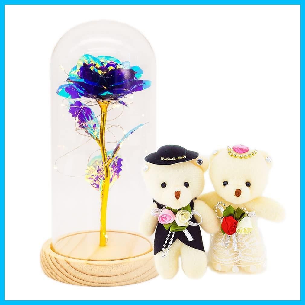 光る花 枯れない花 金メッキ ローズ 造花 LEDライト付き電池式 女性への贈り物 デバリエ 薔薇 花束 ガラスポット ケース入り プレゼント 花1組 ペアクマ1組 セット品11 11 22 5 cm オーロラパープル li 01 op