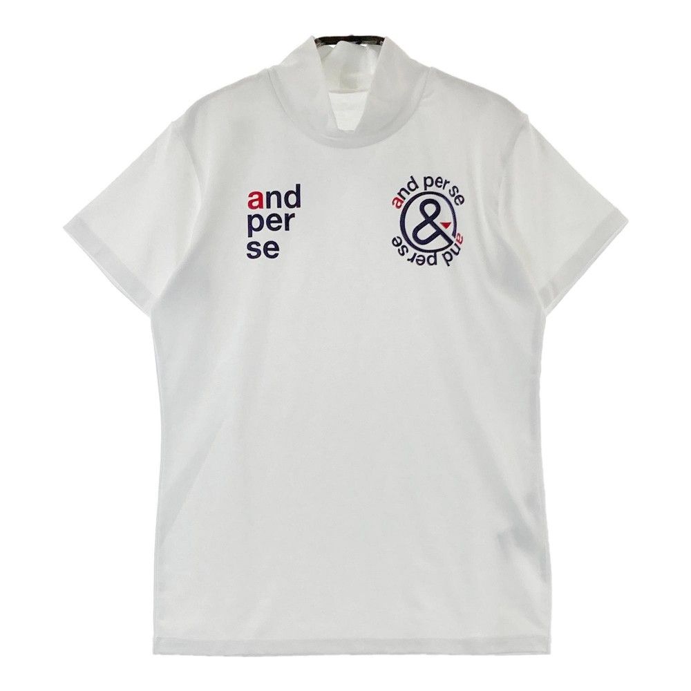 サイズ：M AND PER SE アンパスィ 2022年 ハイネック 半袖Tシャツ ロゴ総柄 ホワイト系 [240101485544] ゴルフウェア メンズ ストスト サイズ：M AND PER SE アンパスィ 2022年 ハイネック 半袖T