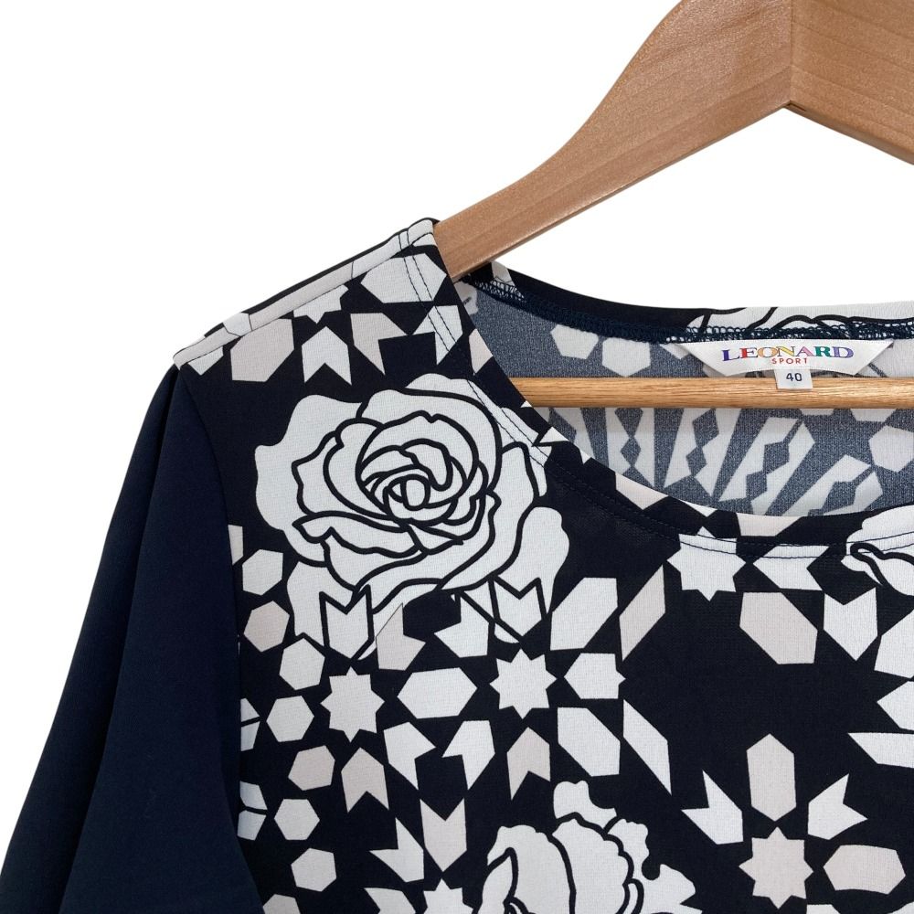 LEONARD SPORT レオナールスポーツ モノトーン薔薇プリント ワンピース サイズ40 ブラック ホワイト レディース 古着