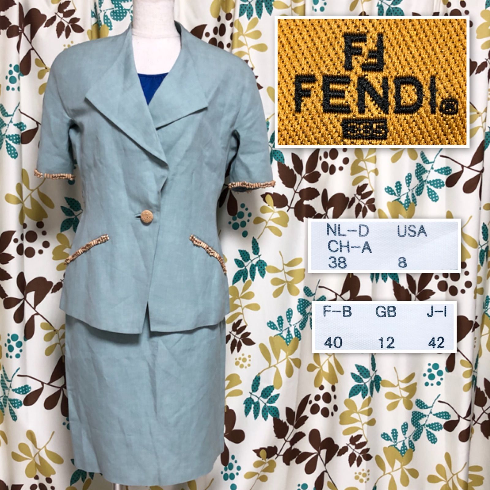 FENDI フェンディ ウッドビーズ飾り付き スカートスーツ上下セットアップ リネン混ビスコース 半袖シングルジャケット 1つボタン  ひざ丈タイトスカート イタリア製 ミントグリーン 肩パッド レディース サイズM相当 - メルカリ