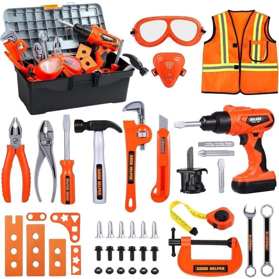 セット ボックス ツール バー ドリル 子供用 電子 おもちゃ 組み立て 男の子 椅子 タブレット エプロ