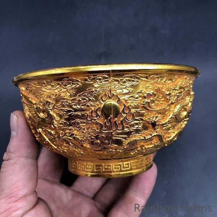 新品未使用】銅 細工 龍鳳碗 装飾品 工芸品 美術品 置物