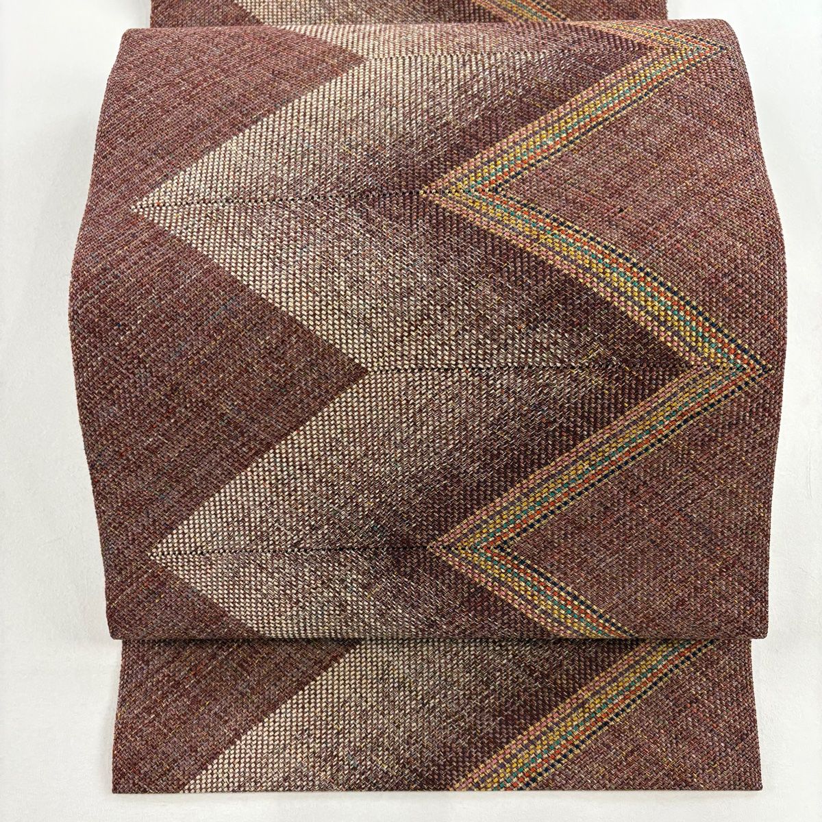 名古屋帯 秀品 夏帯 八寸名古屋帯 松葉仕立て 幾何学 金糸 小豆色 正絹