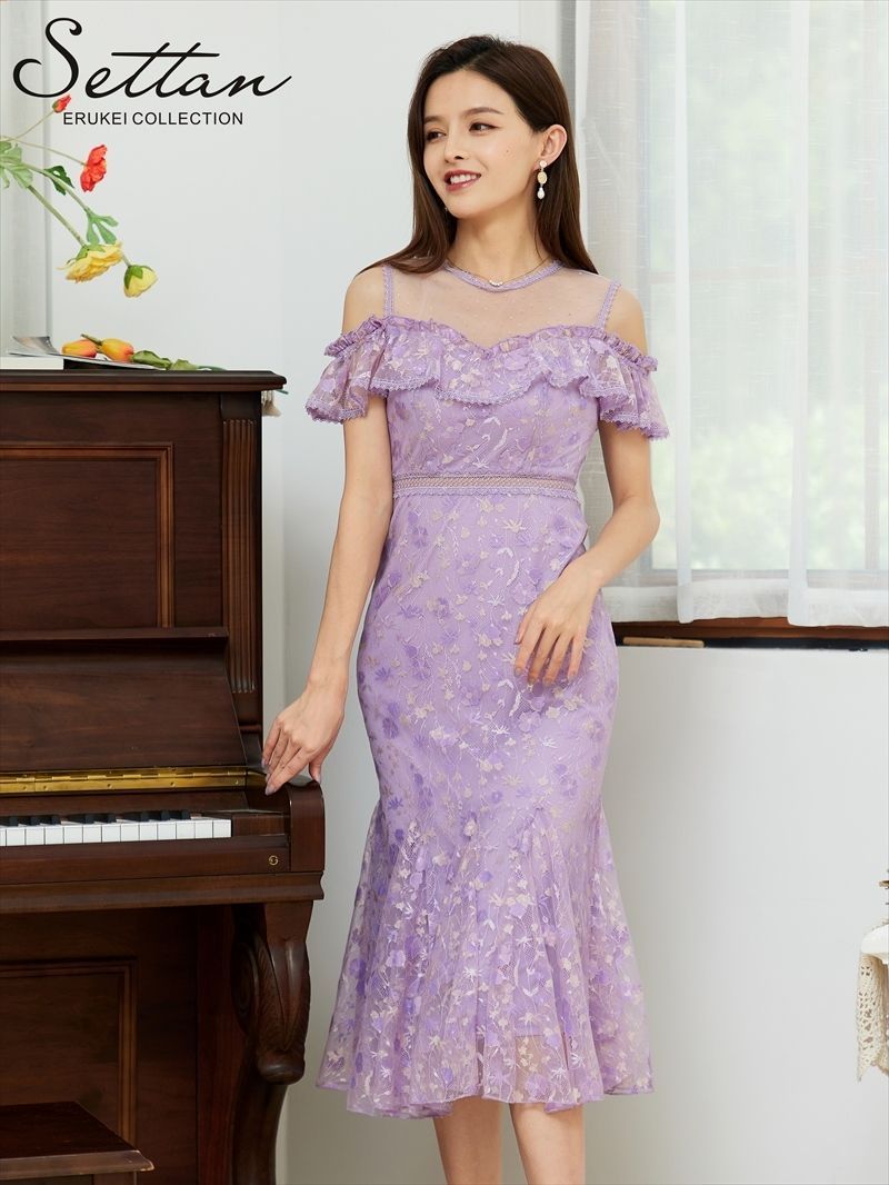 裾直し済み！JEAN MACLEAN ラベンダーオフショルダードレス Mサイズ