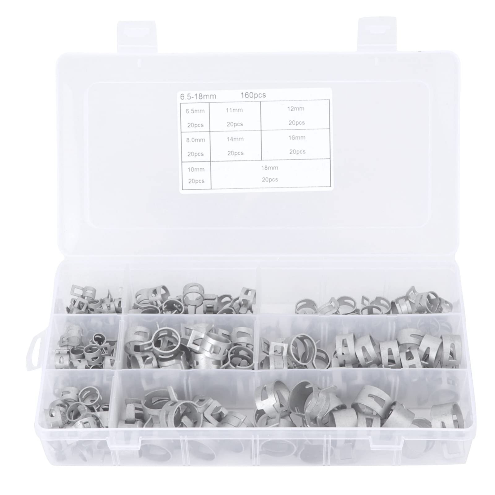 160個のホースクランプセット、304ステンレス鋼ウォームギアホースクランプパイプ用スプリングクリップ、6.5mm、8mm、10mm、11mm、12mm、14mm、16mm、18mm