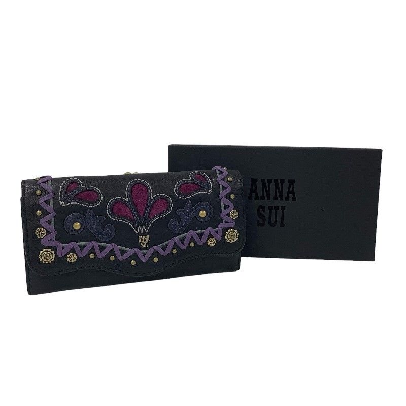 アナスイ（ANNA SUI）長財布 二つ折り ボニー がま口 ブラック 牛革