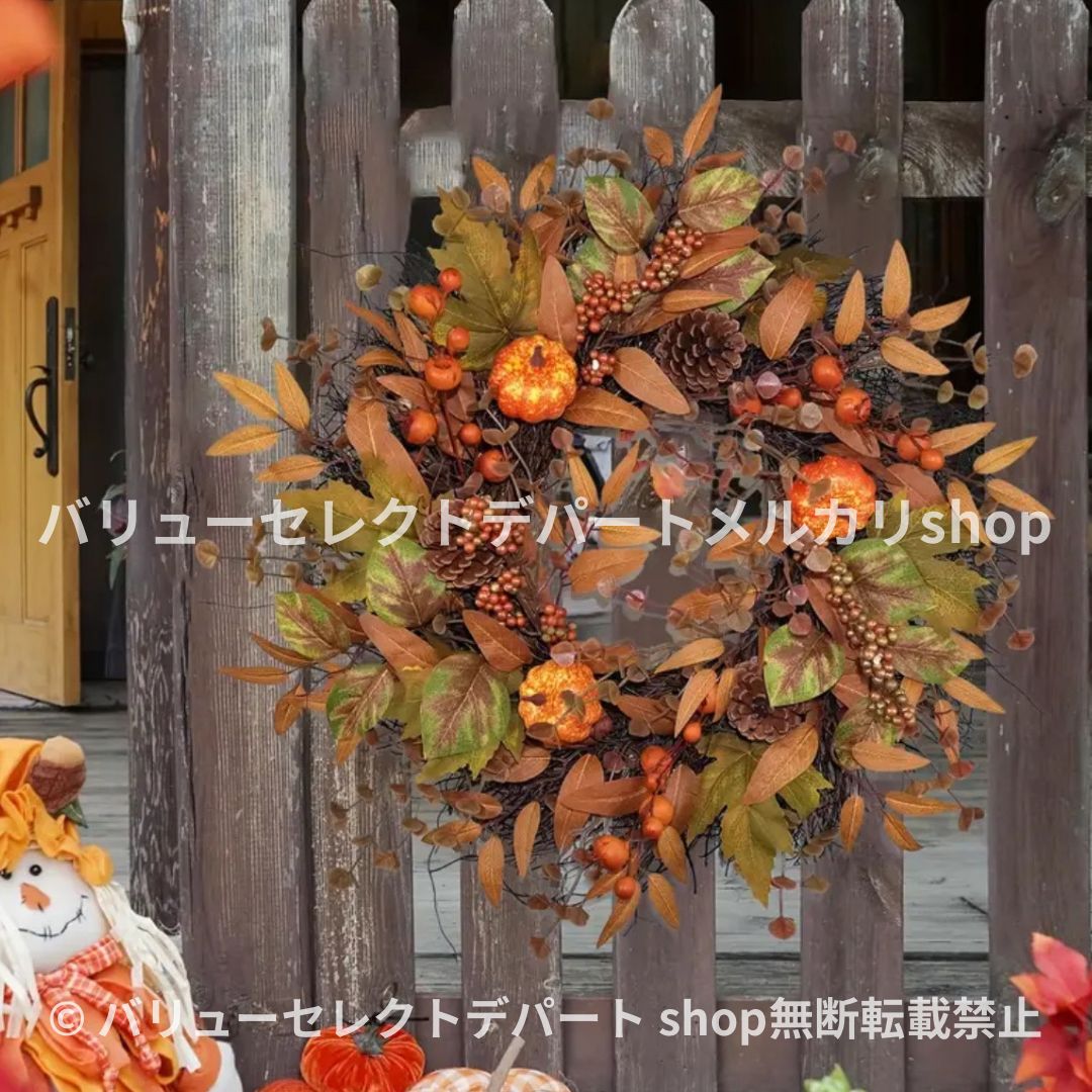 リース ハロウィン 玄関 黄色 花 造花 ガーデン ガーデニング おしゃれ 秋 屋外 飾り 庭 置物 子供 こども 撮影背景 装飾 背景 人工カボチャリース 玄関ドア用 秋のドアリース オレンジ色のユーカリの葉 ベリー付き 感謝祭 収穫祭 屋内 屋外 お祝い