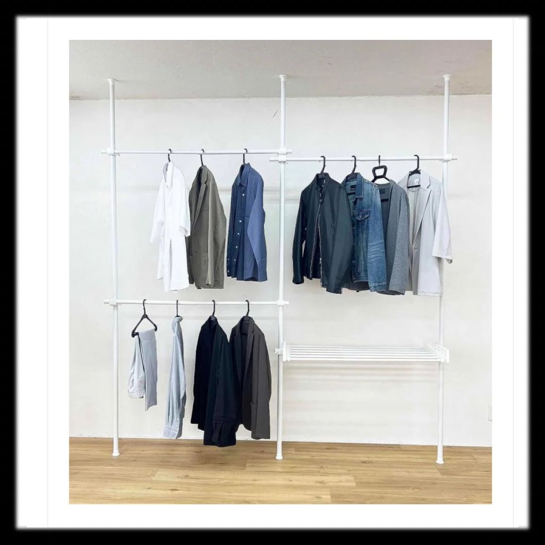 新品未使用】#1836 ハンガーラックトリプル＋棚付き 白 (ハンガー