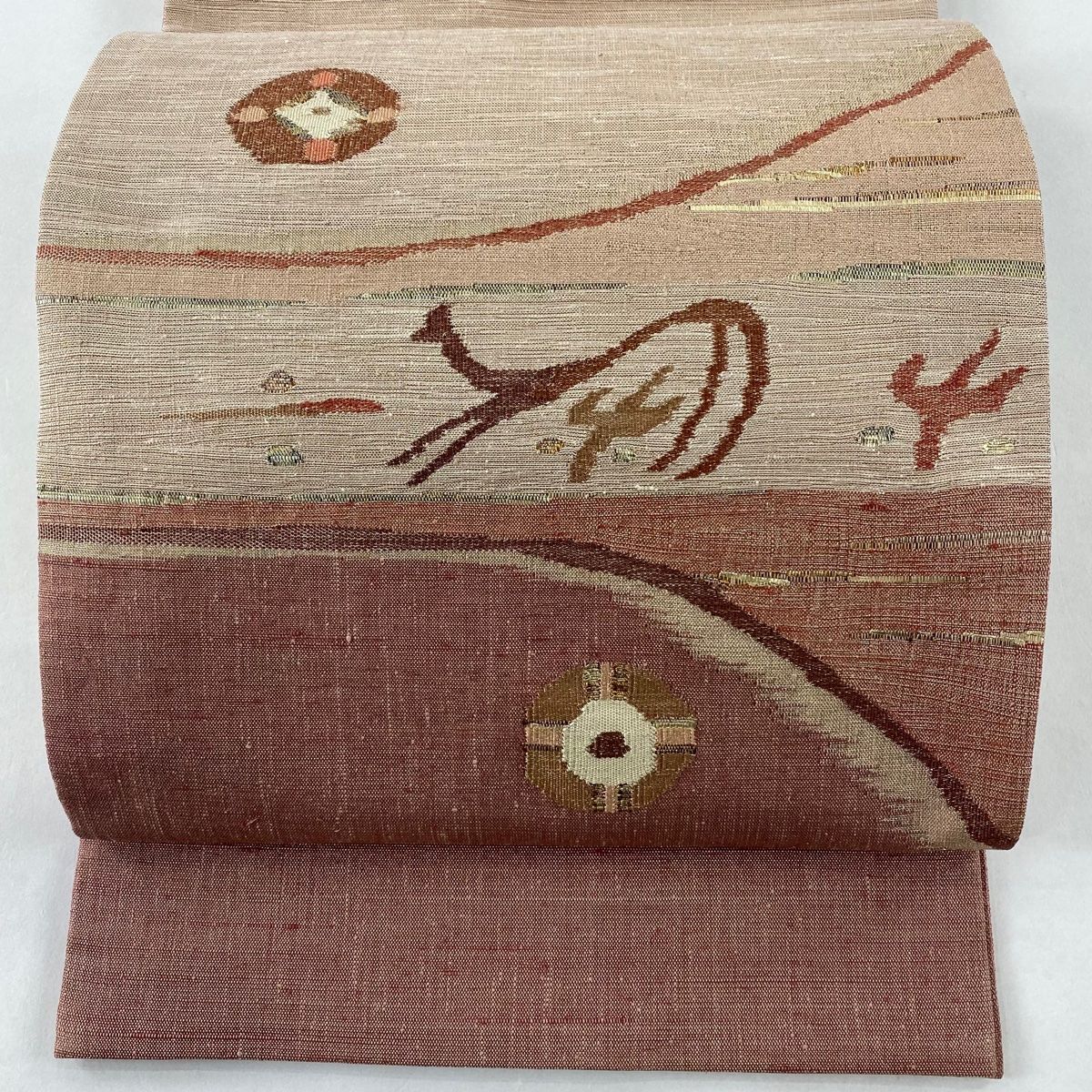 袋帯 美品 秀品 紬地 幾何学 金糸 箔 薄茶色 お太鼓柄 正絹 【中古 