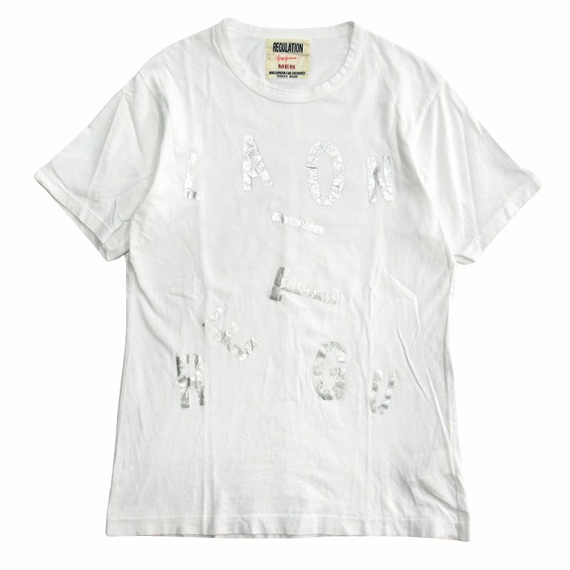 レギュレーション ヨウジヤマモト メン REGULATION YOHJI YAMAMOTO MEN ロゴ 銀箔プリント Tシャツ カットソー 半袖 1 白 ホワイト シルバー メンズ