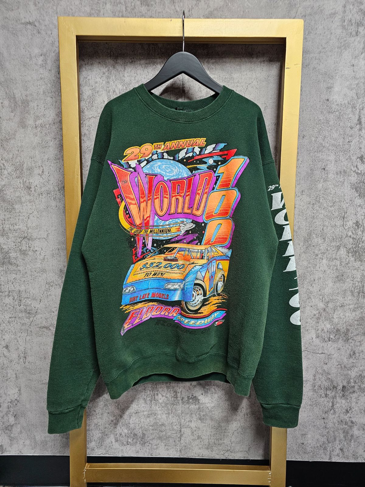 【US古着】FRUIT OF THE LOOM Eldora Speedway 29th ANNUAL World 100 / フルーツオブザルーム エルドラ スピードウェイ  99年開催 レーシング プリント スウェット トレーナー  USA製 グリーン 緑