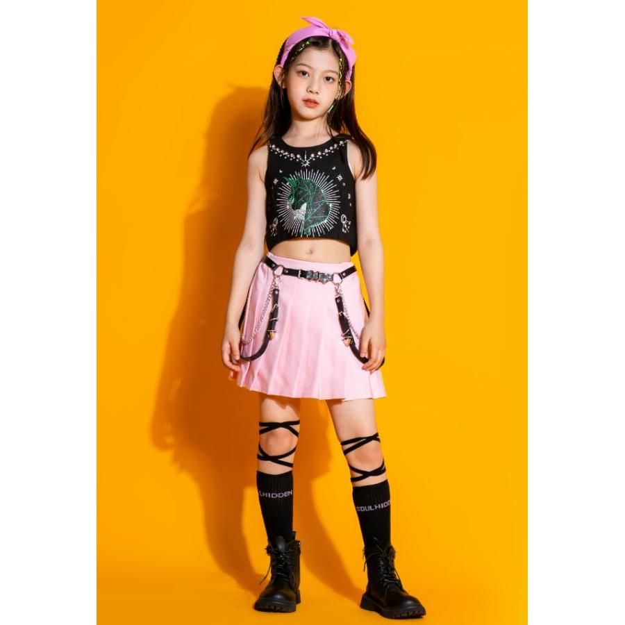 子供ヒップホップダンス衣装 ロックｔシャツ フェイクダイヤ付きタンクトップ ベルトあり女の子ジャッズダンスHIPHOP ショート丈スカート 春秋夏 舞台演出