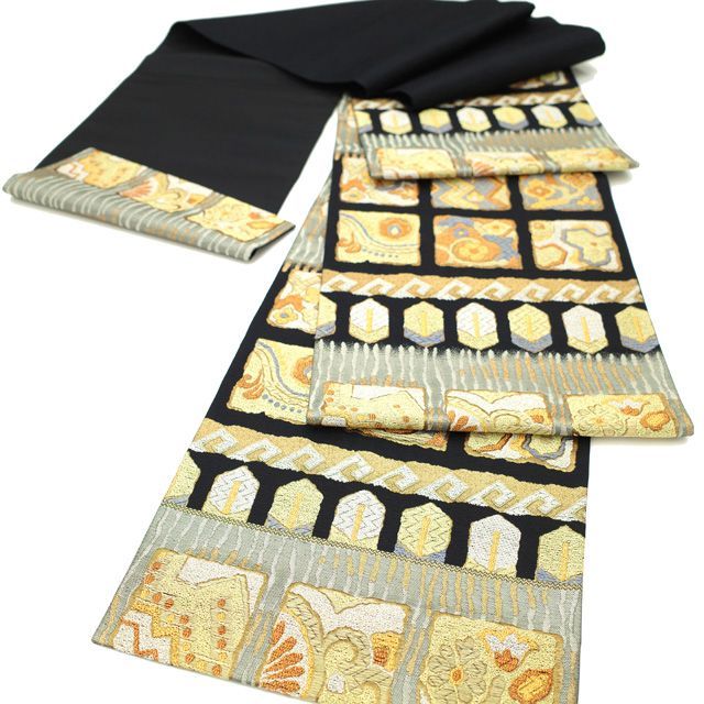 中古】すごい値！袋帯 正絹 京都 西陣 上質 金銀糸 銀箔糸 珀綾 黒地  