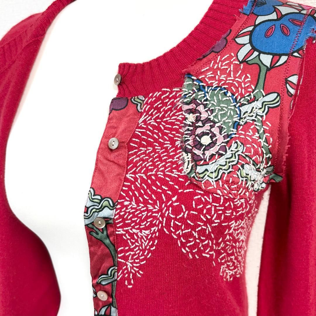 KENZO カシミヤ混ウール長袖カーディガン M レッド 花柄 