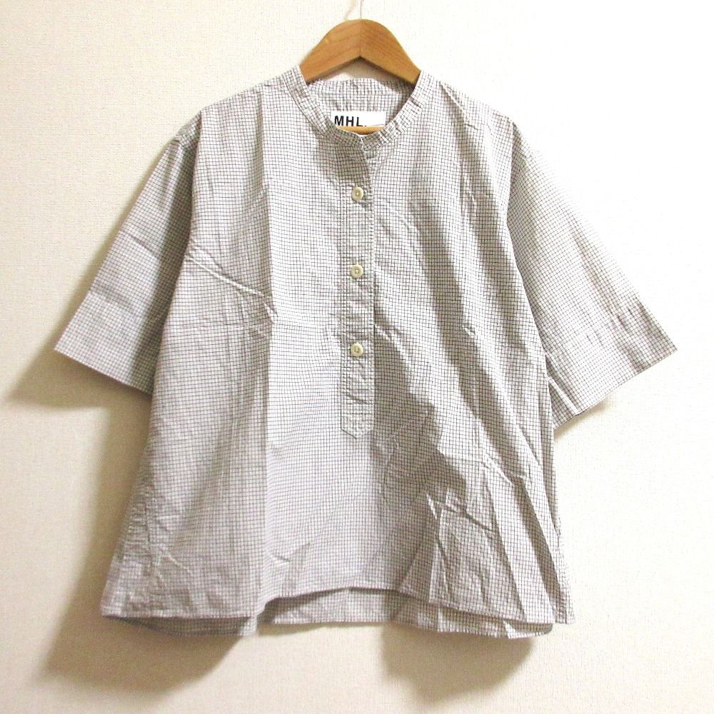 23SS MHL. マーガレットハウエル COTTON GRAPH CHECK シャツ ブラウス サイズ1 ホワイト グレー レディース 古着