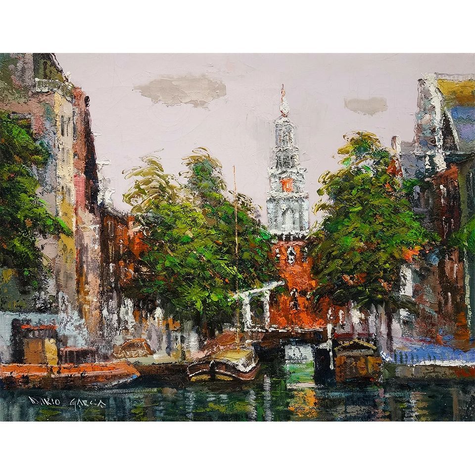 絵画 肉筆油絵 作者不詳 風景画 運河のある風景 絵画 肉筆油絵