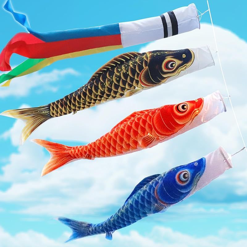 OKBABY 鯉のぼり こいのぼり 鯉3匹 五色吹流し3m 黒鯉2m 赤鯉1.5m 青鯉1.2m ポリエステルサテン使用 庭園用 大型