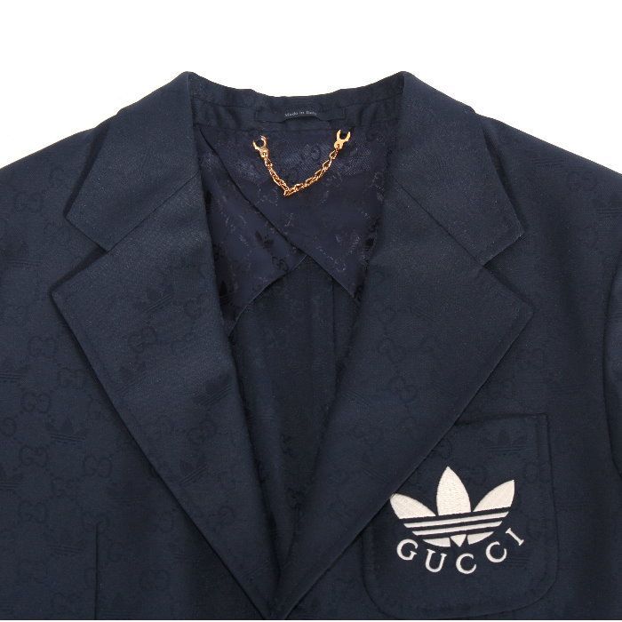 adidas x Gucci アディダス グッチ コラボ 限定 GG シングルブレスト ジャケット ダークブルー 720968 zakqk 4433 GG トレフォイル ウェブ スリーストライプス アウター ブルゾン メンズ