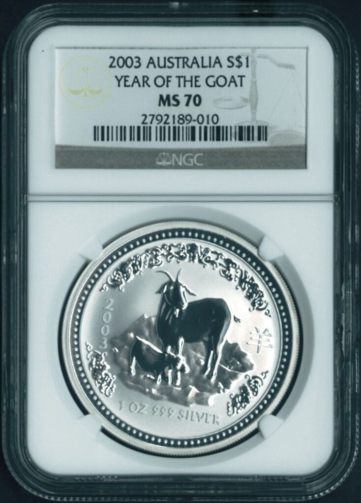PERFECT 2003 P ATRALIA LUNAR YEAR GOAT 1 oz Silver Coin NGC MS70