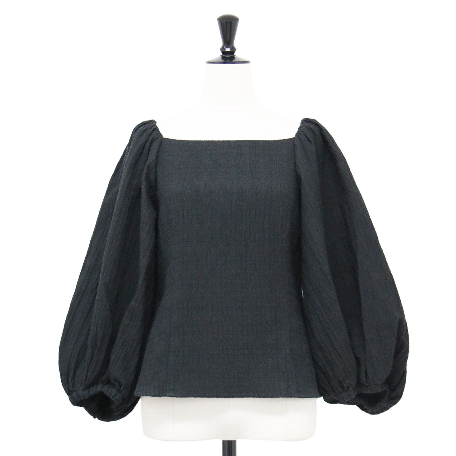 NOBLE ノーブル ブラウス ブラック サイズ | 22秋冬 バブルジャガード パフスリーブ ブラウス プルオーバー 長袖 スクエアネック クロップド丈 コットン | トップス 短丈 シャツ レディース