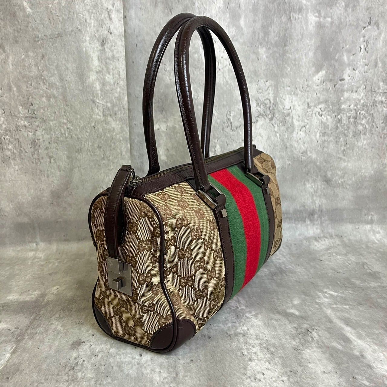 GUCCI】ボストンバッグシェリーラインロゴ型押しキャンバスブラウン