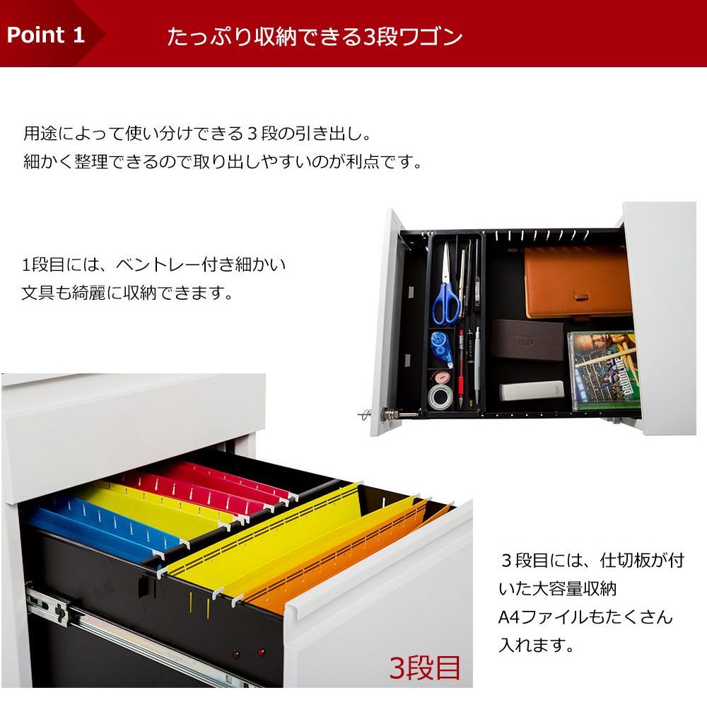 段オフィスワゴン｜完成品｜大容量収納｜1 年保証｜キャスター付き｜鍵付き｜A4