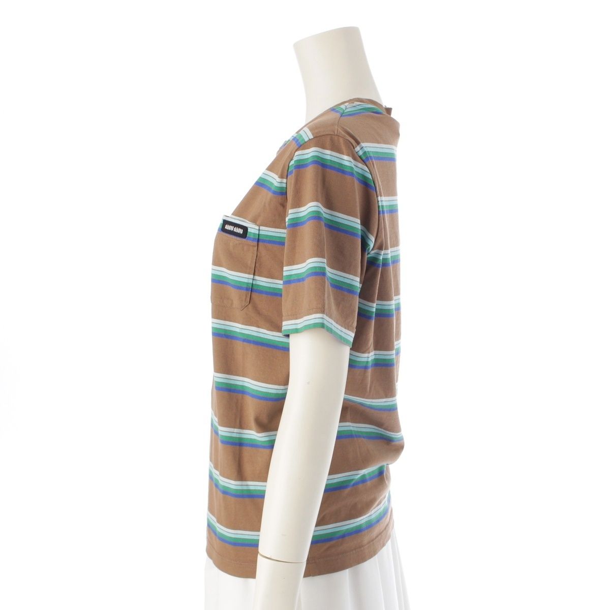 ミュウミュウ ロゴパッチ 胸ポケット ダメージ加工ネック ボーダー  