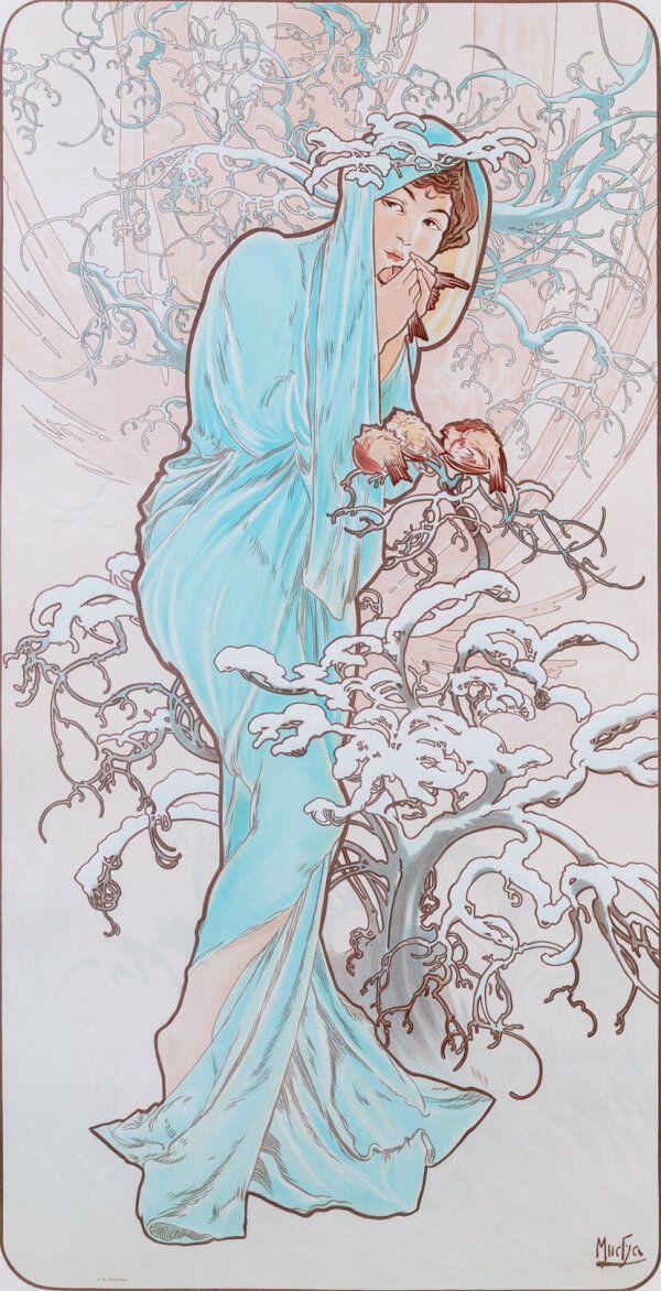 アルフォンス・ミュシャ/四季 冬 1896 石版画・リトグラフ 萩焼 菊香合