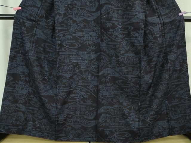 平和屋着物■極上　本場結城紬　重要無形文化財　80亀甲　風景花文　濃紺地　逸品　未使用　DZAB0806kh5 平和屋本店□極上 本場結城紬 重要無形文化財 80亀甲 風景花文 濃紺地