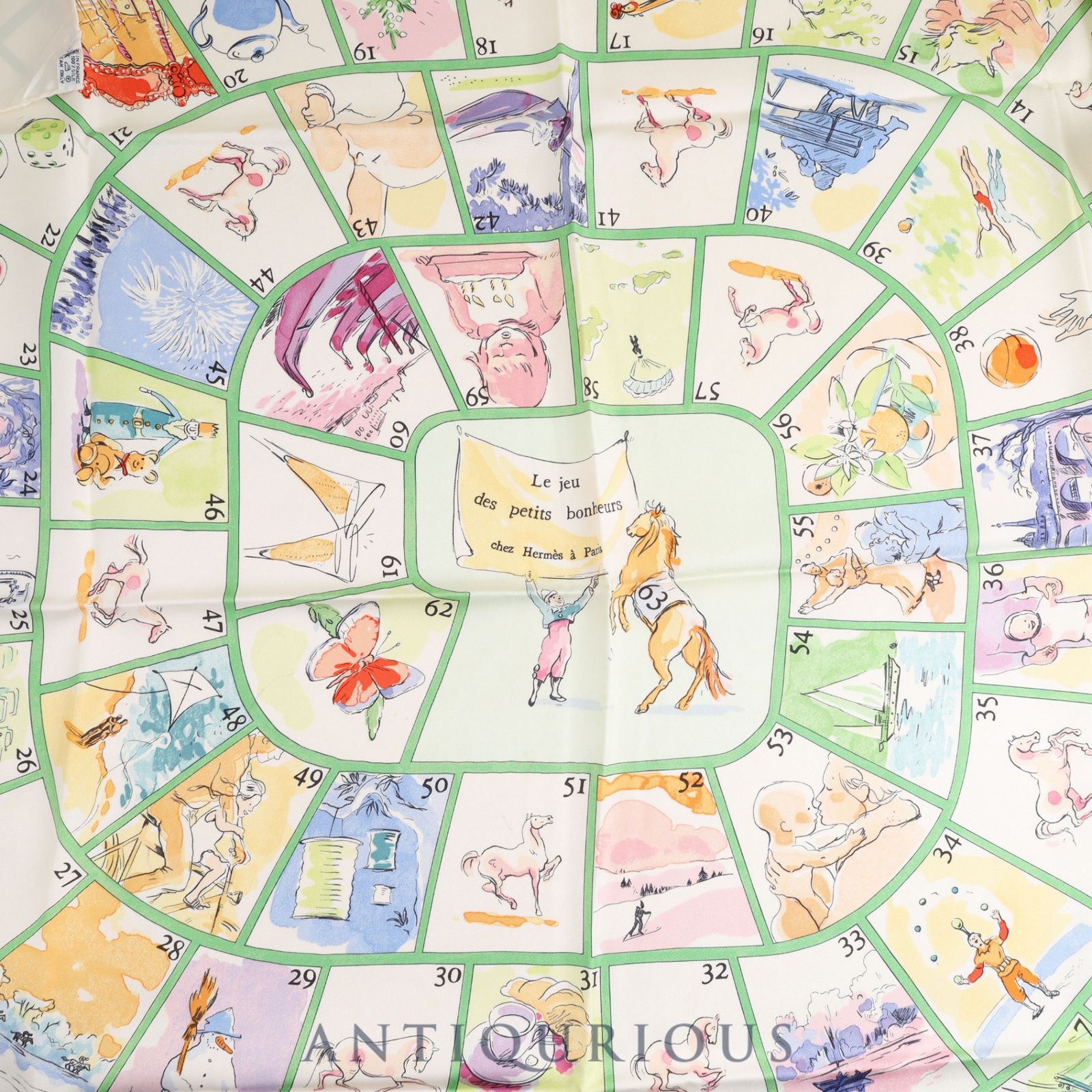 エルメス スカーフ カレ90 LES JEU DES PETITS BONHEURS 小さな幸せのゲーム グリーン SILK100％