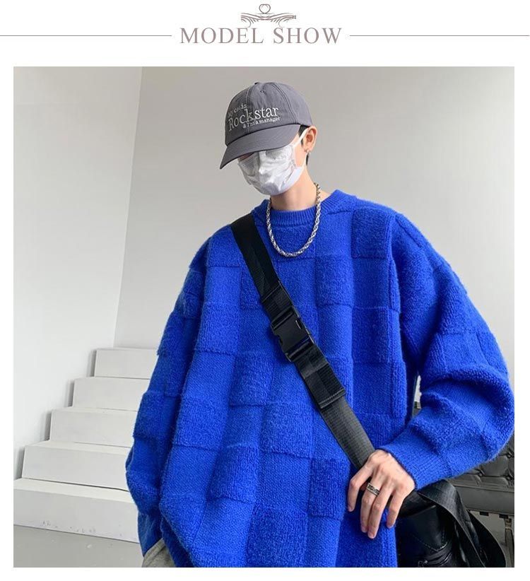 ニットセーター メンズ ブロック柄 セーター ビッグシルエット