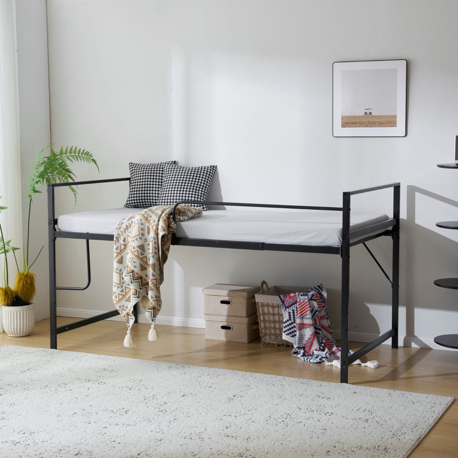 価格ｘ送料無料 NANAMIロフトベッド パイプベッド シングル システムベッド ロータイプ 収納 北欧風 大人 一人暮らし スチール 耐震 ベッド 高さ110cm BLACK HOMU-JOURNEY_COM