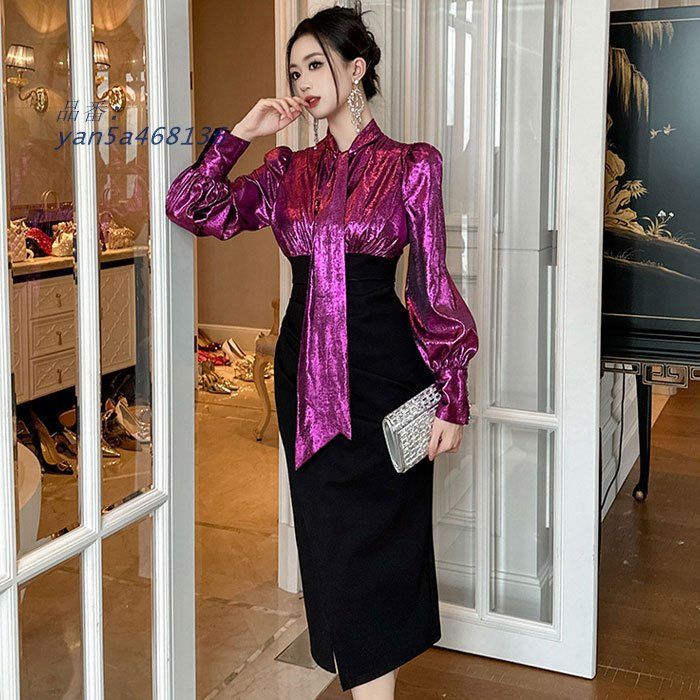 ネックリボン ハイウエストタイトスカート長袖ミモレワンピース