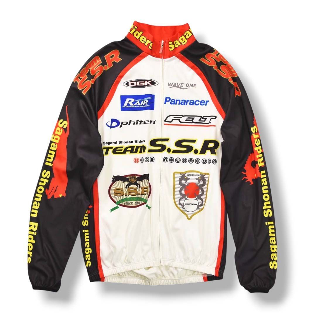日本製 ウエイブワン WAVE ONE サイクリング ジャケット ジャージ ラグランスリーブ フルデコ スポンサー ロゴ L ホワイト x ブラック x レッド 自転車 二輪 スポーツ ウェア メンズ