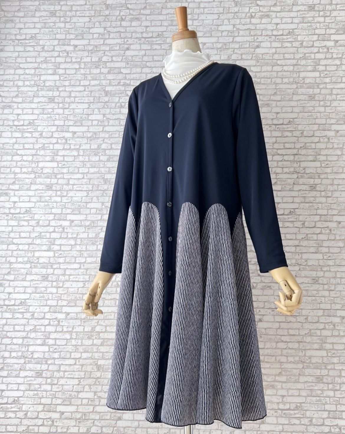【新品M〜L】上品大人可愛いモード*フレアAライン*ロングカーディガン*切替シャツワンピース*180213ネイビー*セレブミセスご旅行