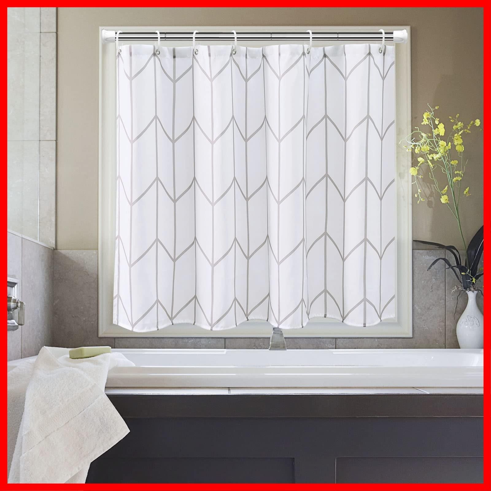 商品 取付簡単 洗濯可 リング付き 間仕切り カフェカーテン 60cm丈 ストライプ お風呂窓 浴室窓 ユニットバス 防カビ 短め ホワイト 防水 目隠し 小窓 シャワーカーテン AooHome