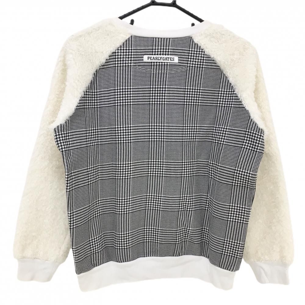 パーリーゲイツ トレーナー 白×黒 身頃グレンチェック 袖ボア 裏起毛