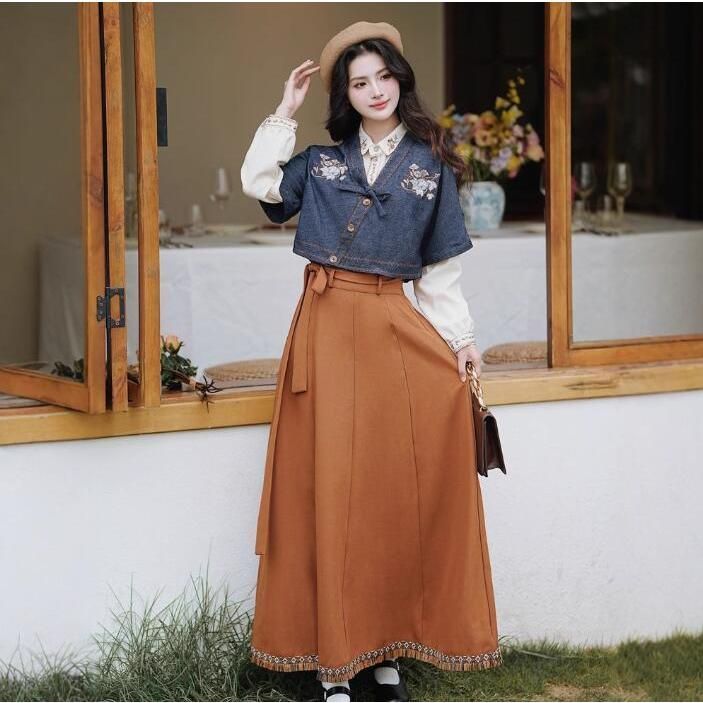♥ 改良漢服 レディース中華風スカートセット 刺繍ベスト 長袖刺繍シャツ チャイナシャツ 秋冬レトロ可愛い中華漢服 森ガール 普段着 CS00913BJ