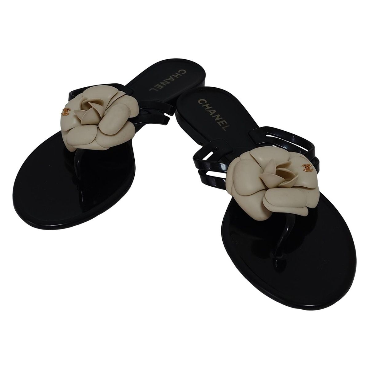 CHANEL シャネル ビーチサンダル 38 レディース - 黒×白 カメリア ゴールド金具
