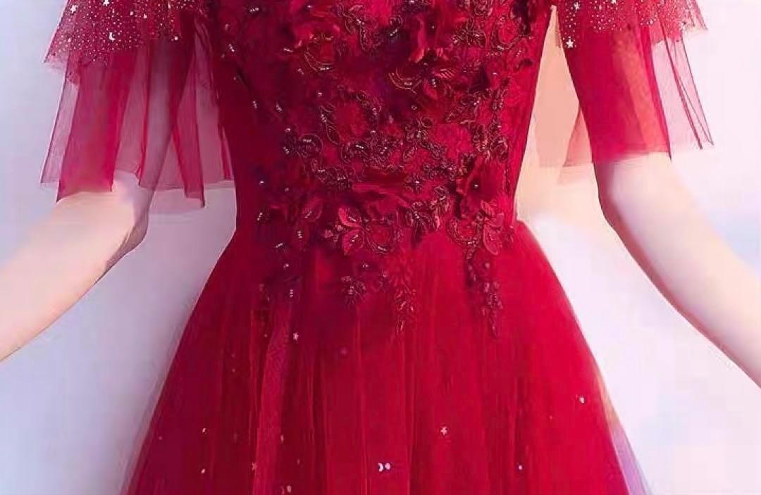 花柄レッドロングドレス♡結婚式パーティー演奏会に♩半袖ゴージャス 花柄レッドロングドレス 結婚式パーティー パーティードレス