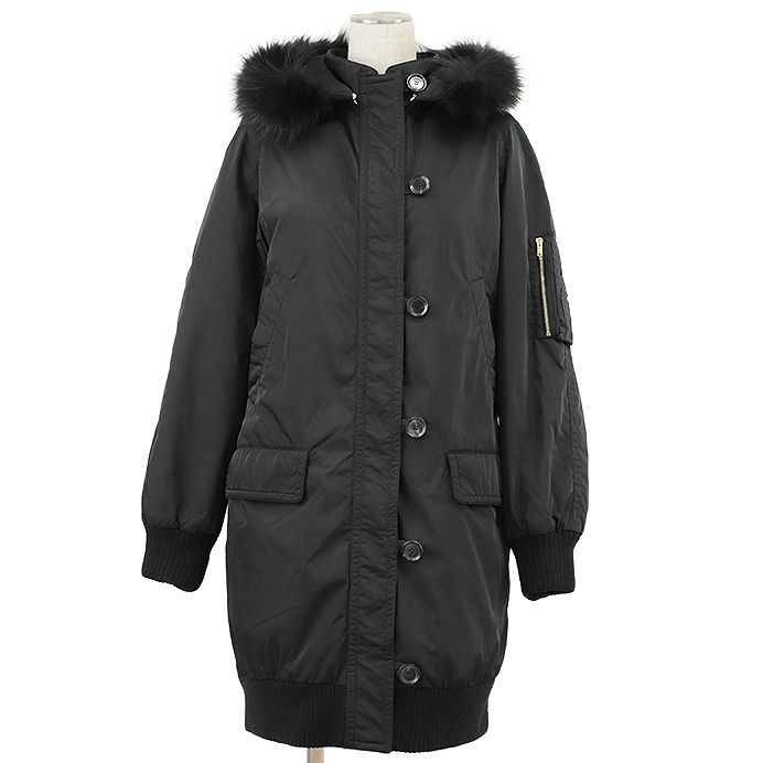 GUCCI グッチ ダウンジャケット 2012年 N-3B ミリタリー グッチクレスト ワッペン スタンド 2WAY フォックスファー取外可 シグネチャー ロゴ ボタン ジップ アウター レディース サイズ 40 ブラック 黒 イタリア製
