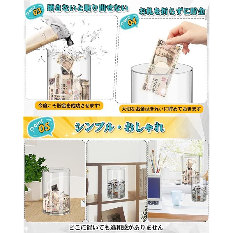 YHANEC開かない貯金箱 貯金箱 おしゃれ 全透明 クリア 100万円