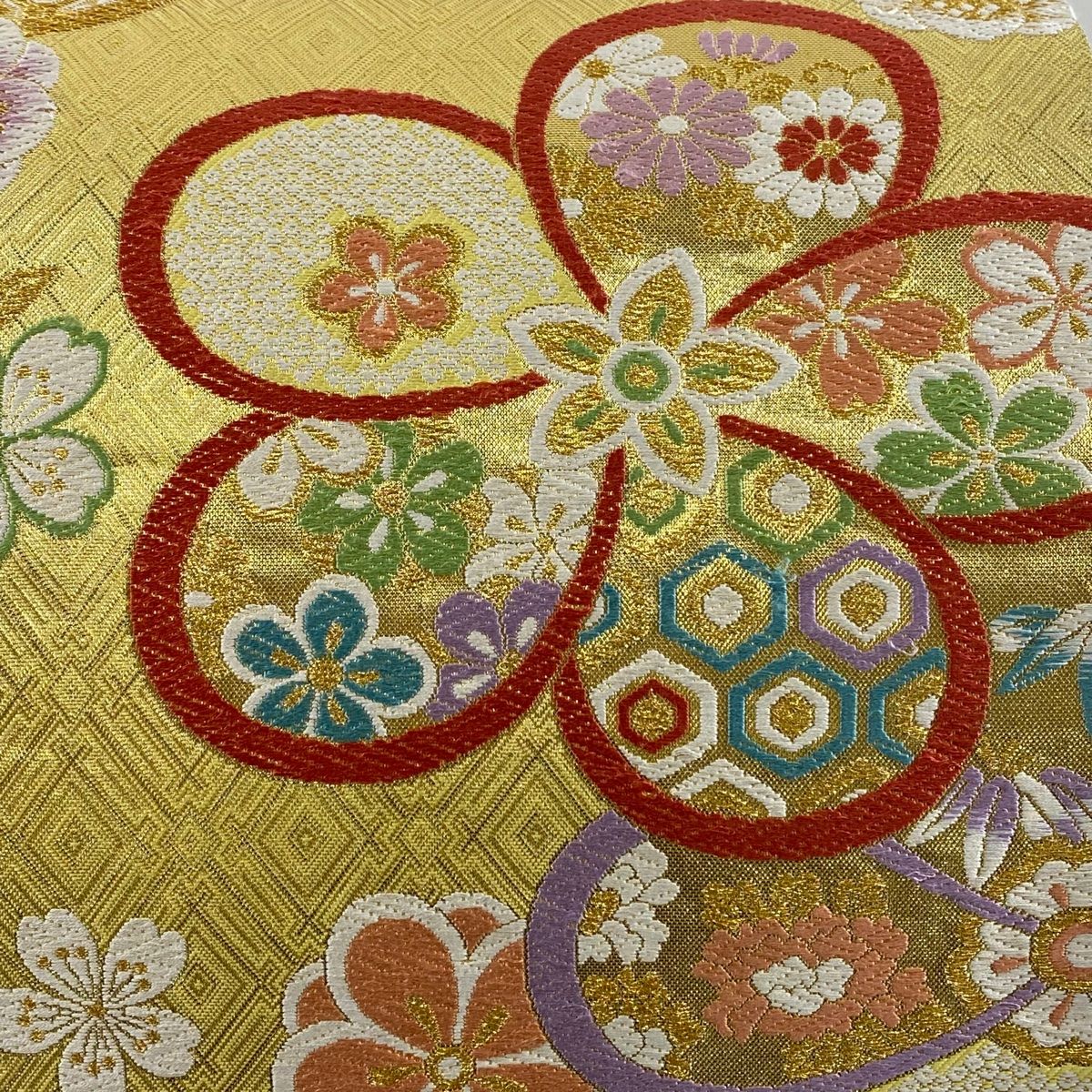 袋帯 秀品 証紙 振袖向き 梅 桜 金糸 箔 金色 六通 正絹