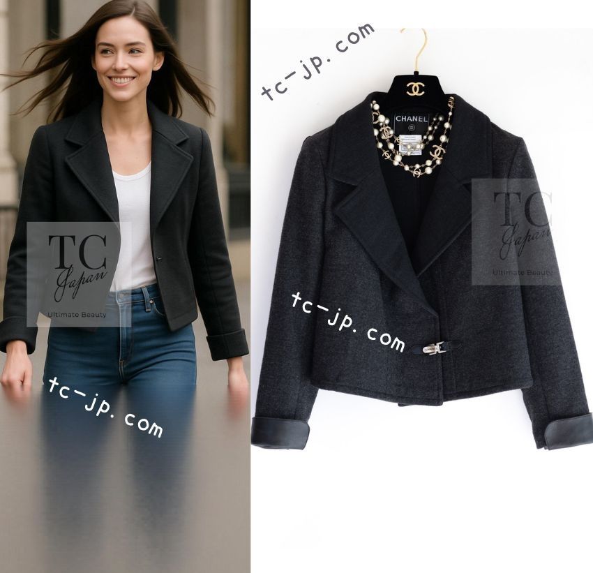 シャネル ジャケット CHANEL チャコールグレー ブラック ウール